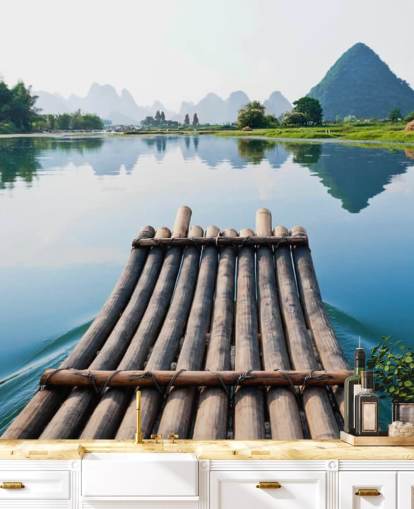 Bamboo Raft on Still Lake Wall Mural