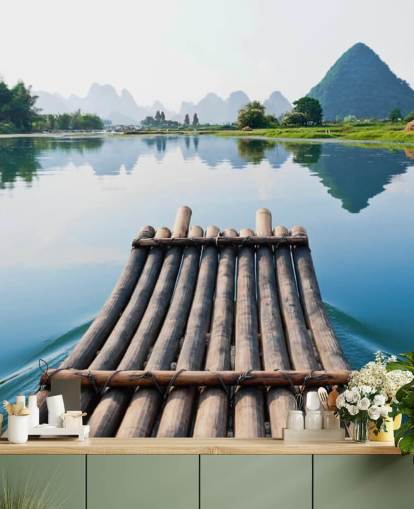 Bamboo Raft on Still Lake Wall Mural Bamboo Raft on Still Lake Wall Mural
