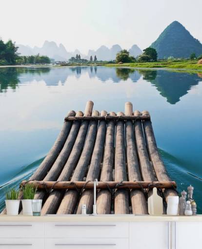 Bamboo Raft on Still Lake Wall Mural