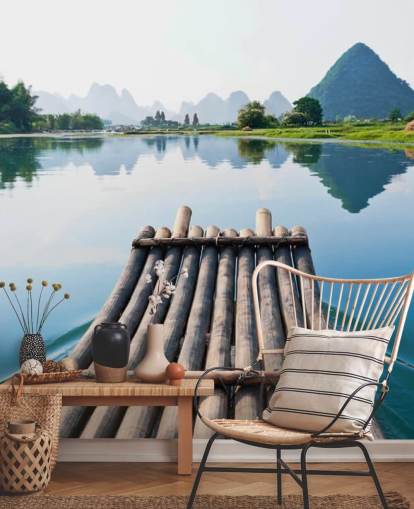 Bamboo Raft on Still Lake Wall Mural