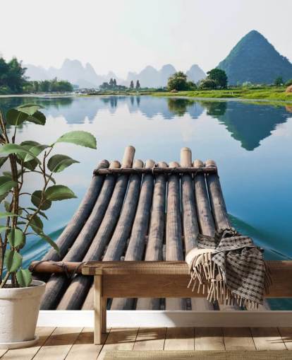 Decorazione murale con zattera di bambù sul lago