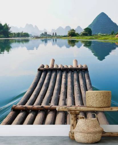Bamboo Raft on Still Lake Wall Mural