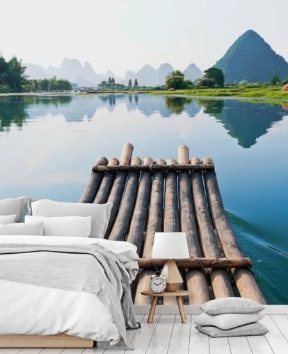 Bamboo Raft on Still Lake Wall Mural