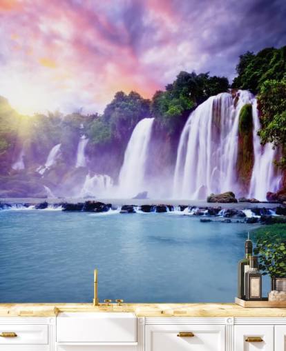 purple and blue waterfall wallpaper called Banyue Waterfall for living rooms, home offices and businesses