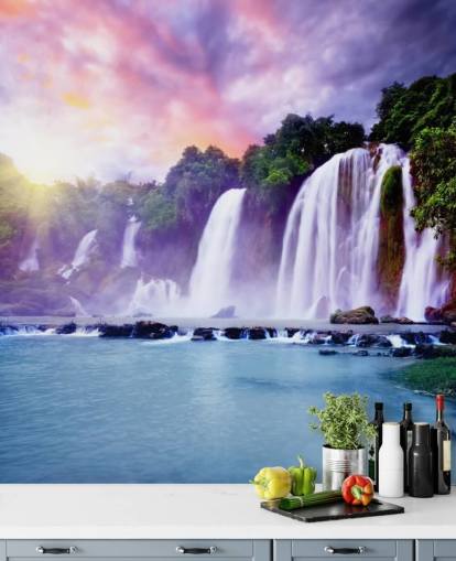purple and blue waterfall wallpaper called Banyue Waterfall for living rooms, home offices and businesses