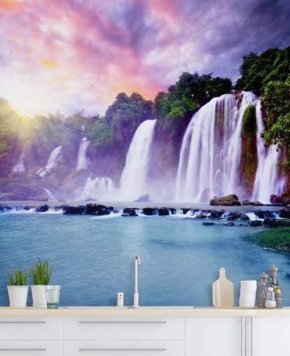 lila und blaue Wasserfall-Tapete namens Banyue Waterfall für Wohnzimmer, Heimbüros und Unternehmen