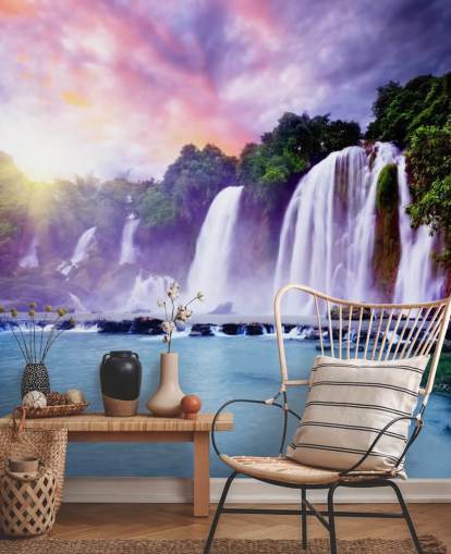 purple and blue waterfall wallpaper called Banyue Waterfall for living rooms, home offices and businesses