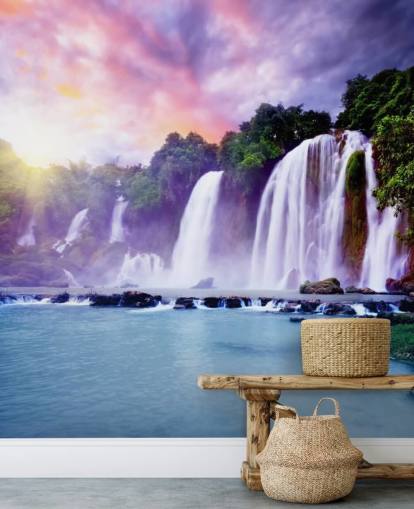 lilla og blå vandfald tapet kaldet Banyue Waterfall til stuer, hjemmekontorer og virksomheder