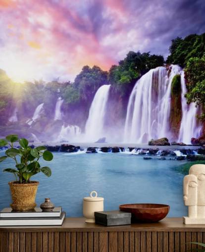 lilla og blå vandfald tapet kaldet Banyue Waterfall til stuer, hjemmekontorer og virksomheder
