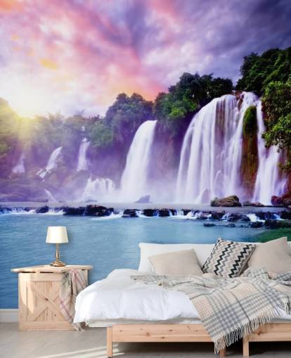 purple and blue waterfall wallpaper called Banyue Waterfall for living rooms, home offices and businesses