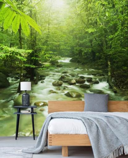 mural de papel pintado de río personalizado verde llamado Forest River para oficinas 