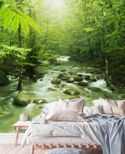 grön anpassad flod tapetväggmålning kallad Forest River för kontor 