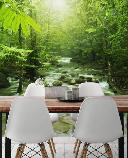 mural de papel pintado de río personalizado verde llamado Forest River para oficinas 