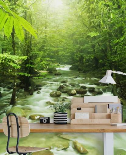 carta da parati murale personalizzata verde chiamata Forest River per uffici 