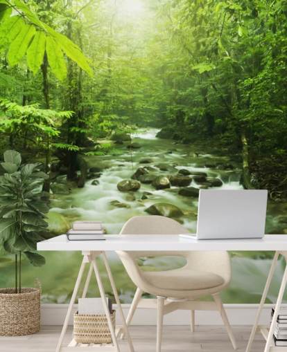 green custom river wallpaper mural called Forest River for offices 