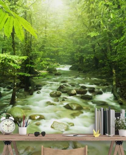 groene op maat gemaakte rivierbehangmuurschildering genaamd Forest River voor kantoren 