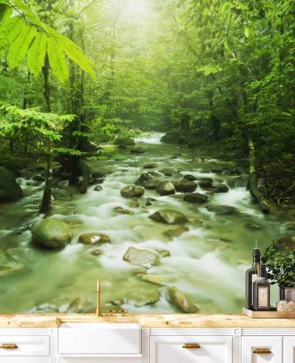 grønt tilpasset elvtapet veggmaleri kalt Forest River for kontorer 