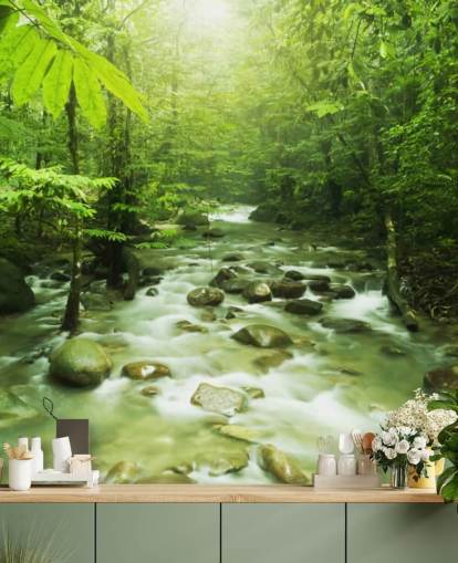 green custom river wallpaper mural called Forest River for offices green custom river wallpaper mural called Forest River for offices