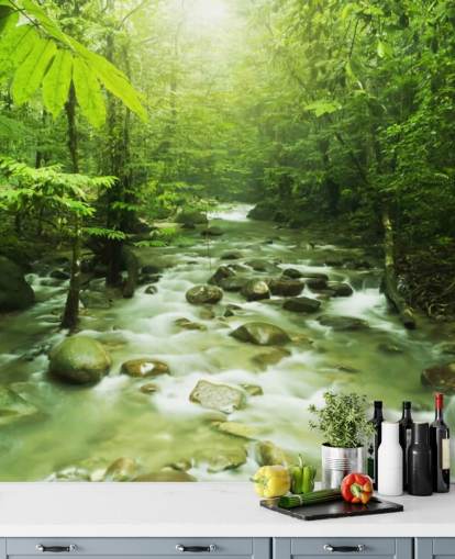 mural de papel pintado de río personalizado verde llamado Forest River para oficinas 