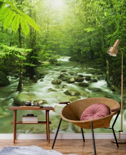 mural de papel pintado de río personalizado verde llamado Forest River para oficinas 