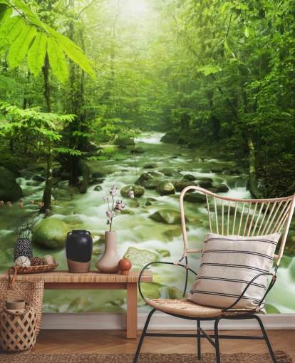 carta da parati murale personalizzata verde chiamata Forest River per uffici 