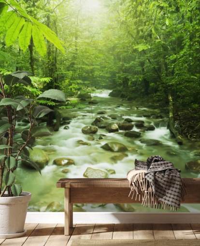 carta da parati murale personalizzata verde chiamata Forest River per uffici 