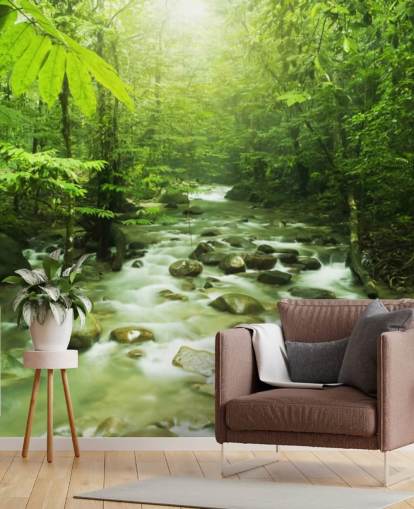 grønt brugerdefineret flod tapetmaleri kaldet Forest River til kontorer 