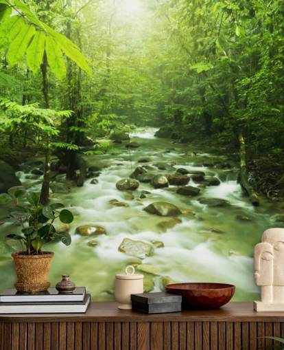 mural de papel de parede verde personalizado de rio chamado Forest River para escritórios 