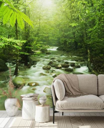 green custom river wallpaper mural called Forest River for offices 