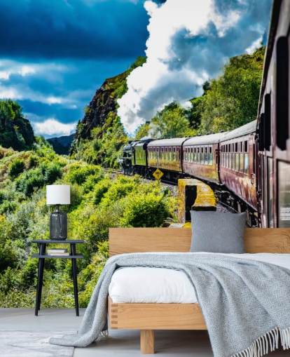 red steam train in countryside passenger view wallpaper