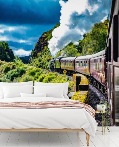 treno a vapore rosso in campagna vista passeggero carta da parati