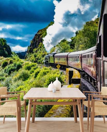 red steam train in countryside passenger view wallpaper