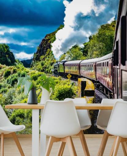 red steam train in countryside passenger view wallpaper