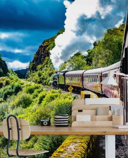 red steam train in countryside passenger view wallpaper