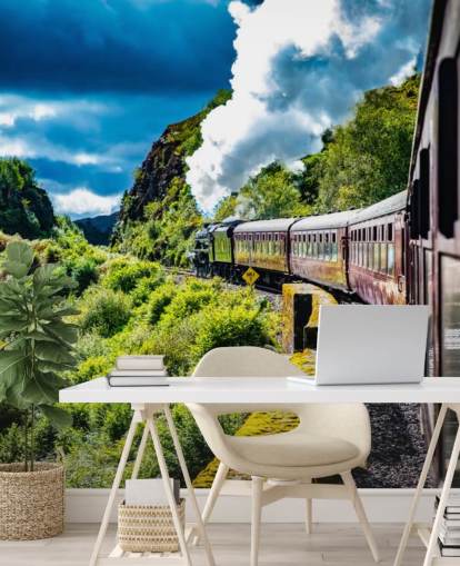 red steam train in countryside passenger view wallpaper