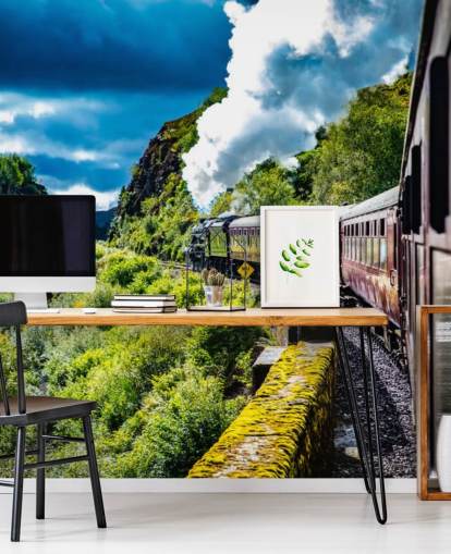 rode stoomtrein op het platteland passagierszicht behang