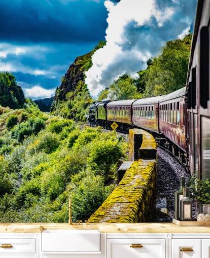 trem a vapor vermelho no campo papel de parede de visão de passageiros