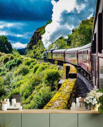 red steam train in countryside passenger view wallpaper