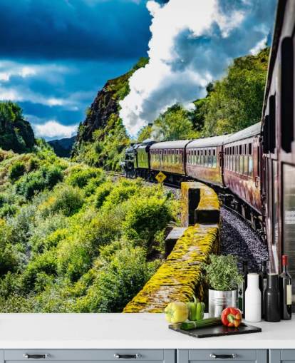 red steam train in countryside passenger view wallpaper