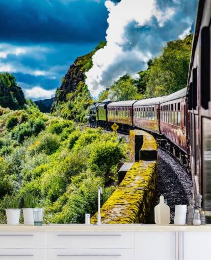 trem a vapor vermelho no campo papel de parede de visão de passageiros