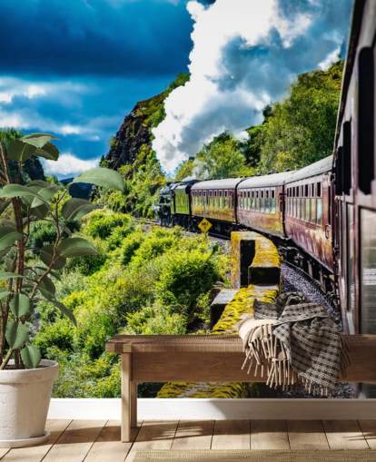 red steam train in countryside passenger view wallpaper