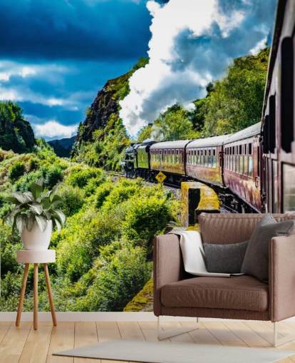 red steam train in countryside passenger view wallpaper