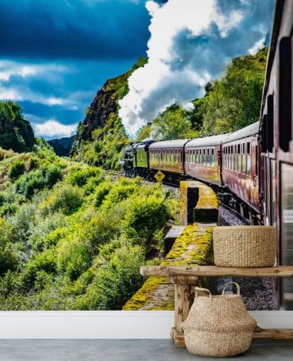 red steam train in countryside passenger view wallpaper