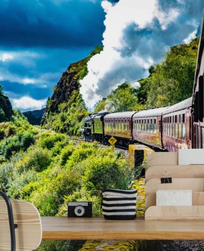 red steam train in countryside passenger view wallpaper