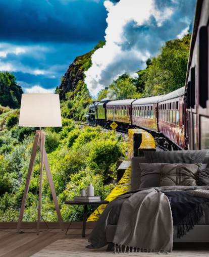 treno a vapore rosso in campagna vista passeggero carta da parati