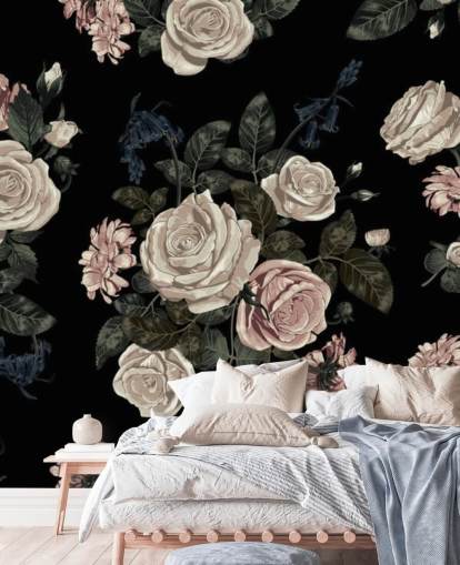 Papier Peint Fresque Roses Pastel sur Fond Noir