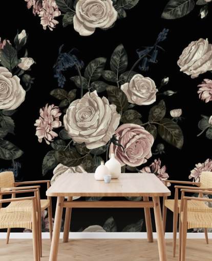 Decorazione murale con rose rosa pastello su sfondo nero