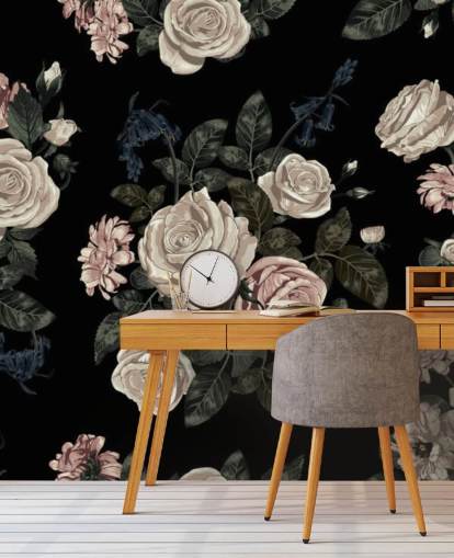 Pastel Pink Roses on Black Background Mural