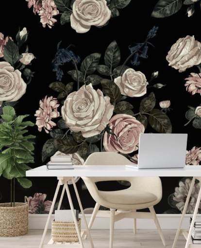 Pastel Pink Roses on Black Background Mural