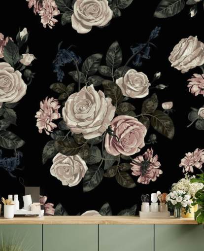 Pastel roze rozen op zwarte achtergrond muurschildering